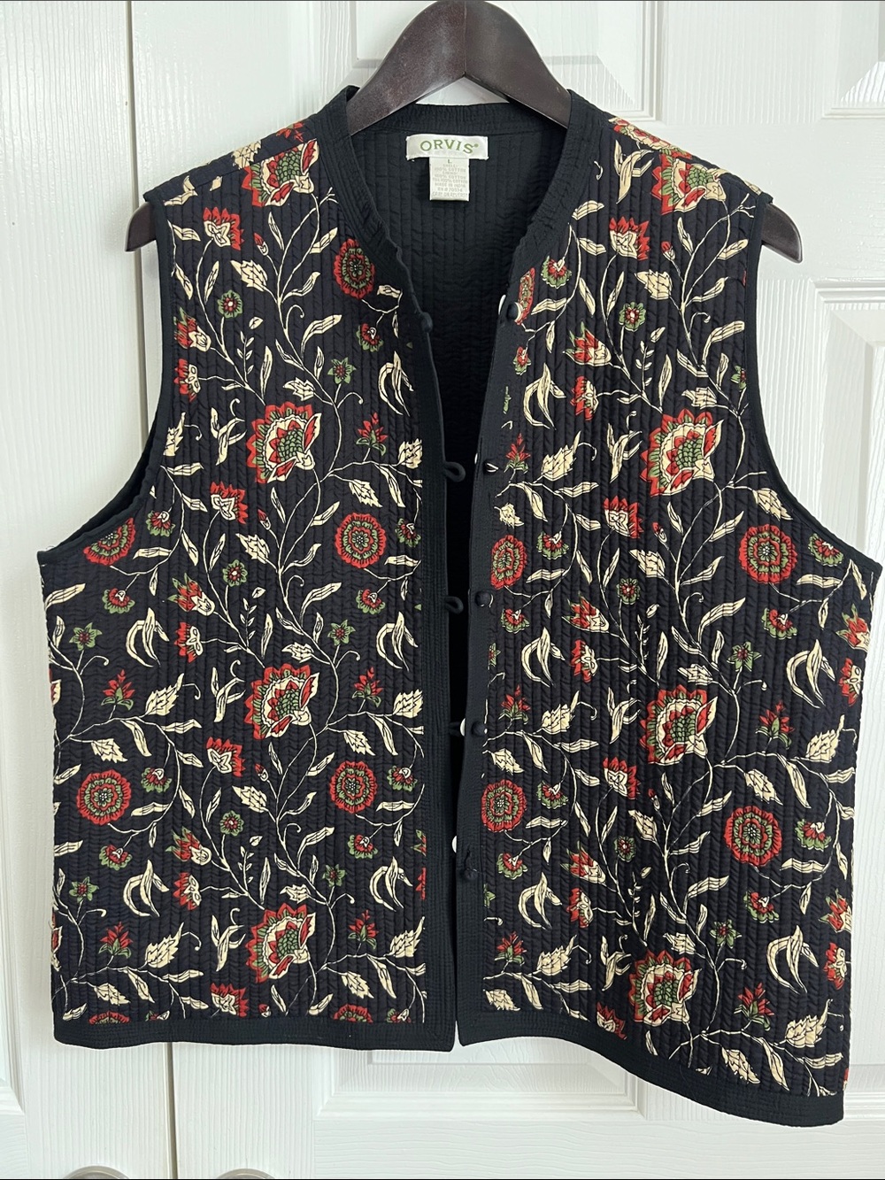 Orvis Black Quilted Vest with Red and Cream Floral Embroidery